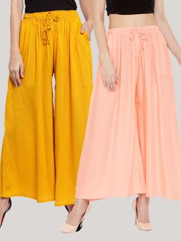 Clora Creation - Solid Mustard and Peach Rayon Palazzos (Pack Of 2)