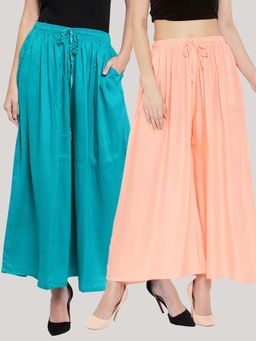 Clora Creation - Solid Turquoise and Peach Rayon Palazzos (Pack Of 2)