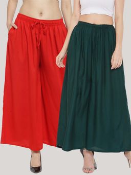 Clora Creation - Solid Red and Bottle Green Rayon Palazzos (Pack Of 2)