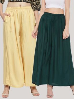 Clora Creation - Solid Beige and Bottle Green Rayon Palazzos (Pack Of 2)
