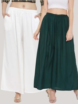 Clora Creation - Solid Off-White and Bottle Green Rayon Palazzos (Pack Of 2)