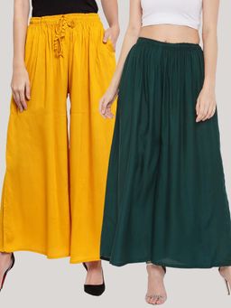 Clora Creation - Solid Mustard and Bottle Green Rayon Palazzos (Pack Of 2)
