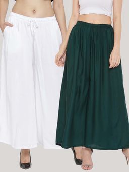 Clora Creation - Solid White and Bottle Green Rayon Palazzos (Pack Of 2)