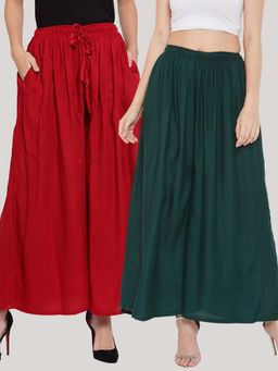 Clora Creation - Solid Maroon and Bottle Green Rayon Palazzos (Pack Of 2)