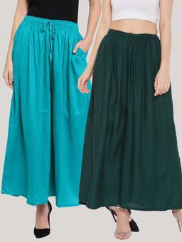 Clora Creation - Solid Turquoise and Bottle Green Rayon Palazzos (Pack Of 2)