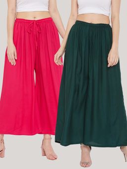 Clora Creation - Solid Magenta and Bottle Green Rayon Palazzos (Pack Of 2)