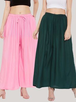 Clora Creation - Solid Pink and Bottle Green Rayon Palazzos (Pack Of 2)