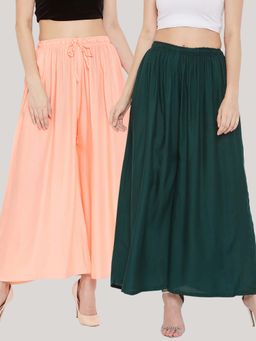 Clora Creation - Solid Peach and Bottle Green Rayon Palazzos (Pack Of 2)