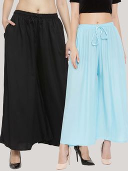Clora Creation - Solid Black and Sky Blue Rayon Palazzos (Pack Of 2)