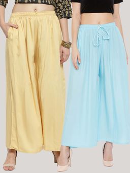 Clora Creation - Solid Beige and Sky Blue Rayon Palazzos (Pack Of 2)
