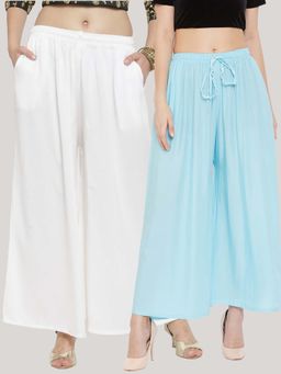 Clora Creation - Solid Off-White and Sky Blue Rayon Palazzos (Pack Of 2)