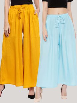 Clora Creation - Solid Mustard and Sky Blue Rayon Palazzos (Pack Of 2)