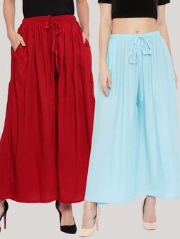 Clora Creation - Solid Maroon and Sky Blue Rayon Palazzos (Pack Of 2)