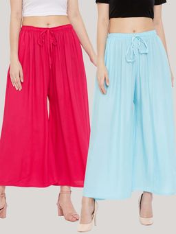 Clora Creation - Solid Magenta and Sky Blue Rayon Palazzos (Pack Of 2)
