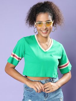 JUNEBERRY - Women Green V-Neck Half Sleeves Regular Fit T-Shirt