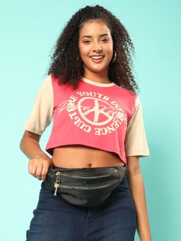 JUNEBERRY - Women Magenta Round Neck Half Sleeves Regular Fit Crop T-Shirt