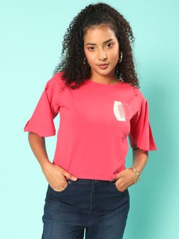 JUNEBERRY - Women Magenta Round Neck Half Sleeves Regular Fit Crop T-Shirt