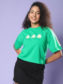 JUNEBERRY - Women Green Round Neck Half Sleeves Regular Fit Crop T-Shirt