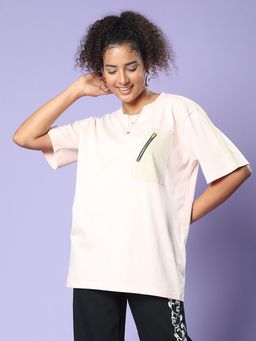 JUNEBERRY - Women Pink Round Neck Half Sleeves Oversized T-Shirt