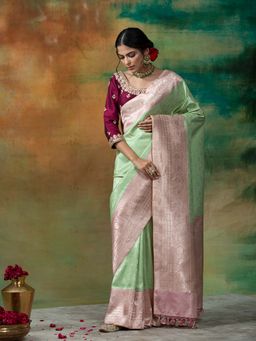 WeaverStory - Handloom Katan Silk Banarasi Weskit Saree With Unstitched Blouse