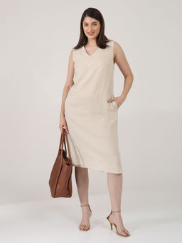 Saltpetre - Women Linen Solid Beige Midi Dress