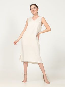 Saltpetre - Women Linen Solid Cream Midi Dress