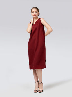 Saltpetre - Women Linen Solid Maroon Midi Dress