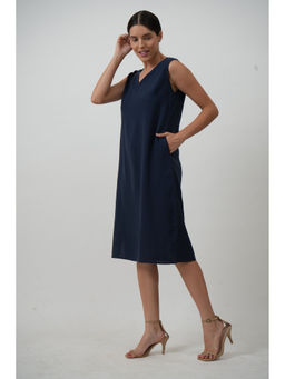Saltpetre - Women Linen Solid Navy Blue Midi Dress