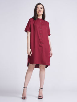 Saltpetre - Women Satin Solid Maroon Mandarin Collar Buttoned Dress