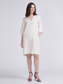 Saltpetre - Women Tencel Solid V-Neck Cream Sack Dress