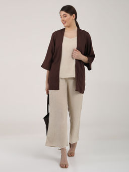 Saltpetre - Women Solid Linen Coffee Brown Overlay With Beige Slip Top & Pants (Set of 3)
