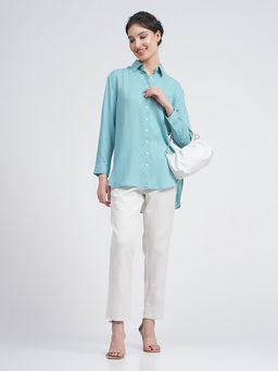 Saltpetre - Women Solid Blue Shirt With Cream Pants (Set of 2)