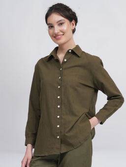 Saltpetre - Women Classic Linen Olive Button Down Shirt