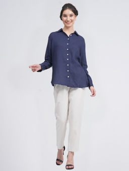 Saltpetre - Women Solid Navy Shirt With Cream Pants (Set of 2)