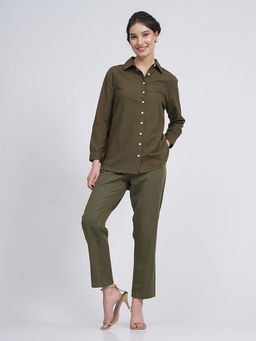 Saltpetre - Women Solid Olive Shirt With Pants (Set of 2)