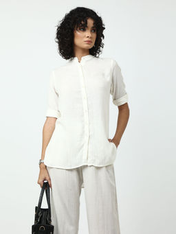 Saltpetre - Women Classic Solid Linen Cream Mandarin Shirt