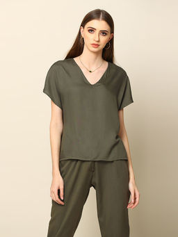Saltpetre - Women Solid Modal Olive Dolman Sleeve Top