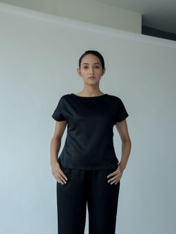Saltpetre - Women Solid Modal Black Boat Neck Top