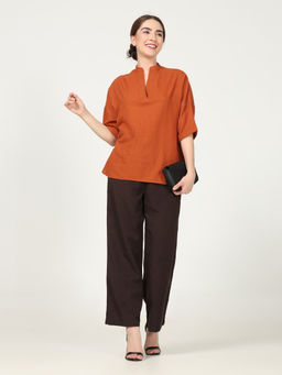 Saltpetre - Women Solid Rust Kimono Top With Coffee Brown Pants (Set of 2)