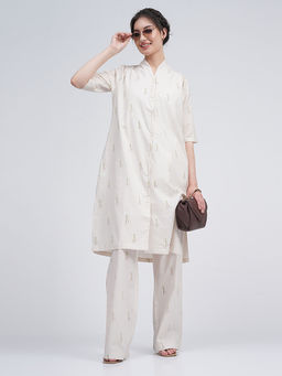Saltpetre - Women Organic Cotton Block Print Cream Long Shirt With Pant (Set of 2)