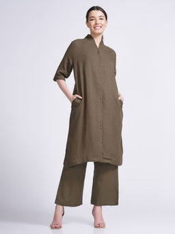 Saltpetre - Women Linen Solid Olive Long Shirt With Pant (Set of 2)