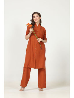 Saltpetre - Women Organic Cotton Solid Autumn Rust Long Shirt With Pant (Set of 2)