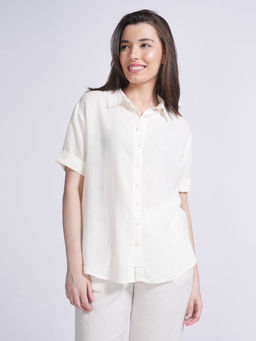 Saltpetre - Women Classic Linen Solid Cream Button Down Shirt