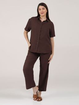 Saltpetre - Women Linen Solid Coffee Brown Shirt With Pant (Set of 2)