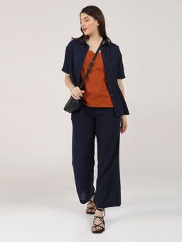 Saltpetre - Women Solid Autumn Rust Slip Top With Navy Shirt & Pants (Set of 3)