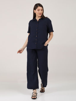 Saltpetre - Women Linen Solid Navy Shirt With Pant (Set of 2)