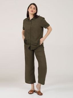 Saltpetre - Women Linen Solid Olive Shirt With Pants (Set of 2)