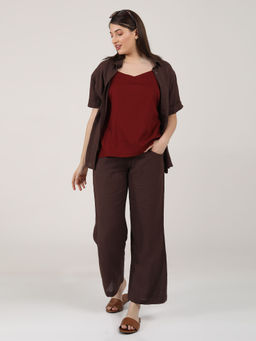 Saltpetre - Women Solid Coffee Shirt With Pants & Maroon Slip Top (Set of 3)