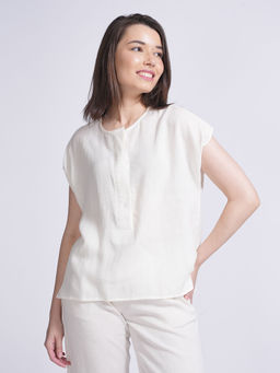 Saltpetre - Women Solid Cream Linen Half Placket Top