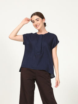 Saltpetre - Women Solid Navy Linen Half Placket Top